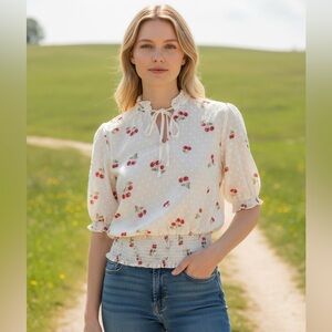 Joie Cherry Print Swiss Dot Peasant Blouse L Sheer Smocked Waist Cottage Flirty